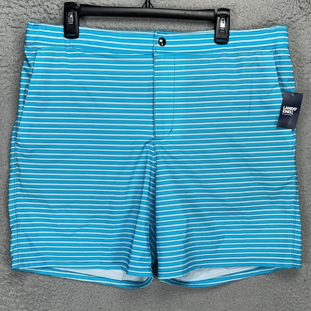 Lands End Mens Sunset Swim Trunks Large Blue White Stripe Lined Board Shorts NEW